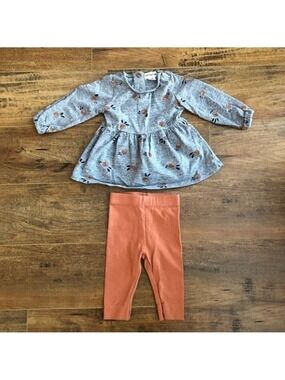 Mile The Label 2 -Piece Baby Outfit Set - Gray Floral Top and Orange Leggings 3M